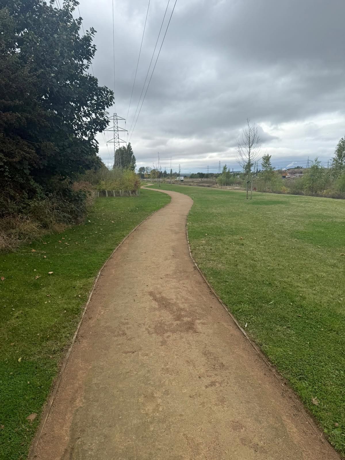 Wide manicured grass verge and pathway on a managed estate
